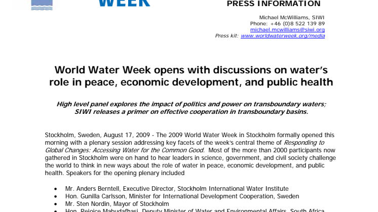World Water Week opens with discussions on water's role in peace, economic development, and public health  