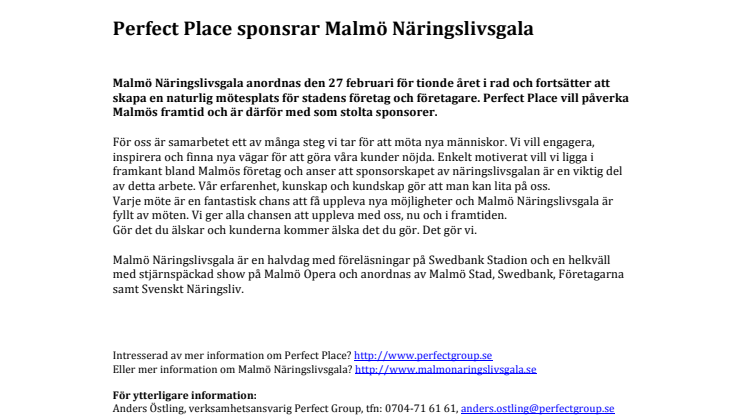 Perfect Place sponsrar Malmö Näringslivsgala