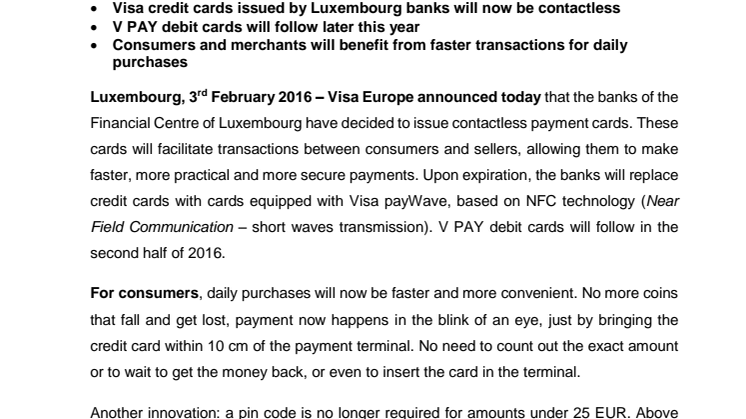 Luxembourg moves to contactless payment cards with Visa Europe