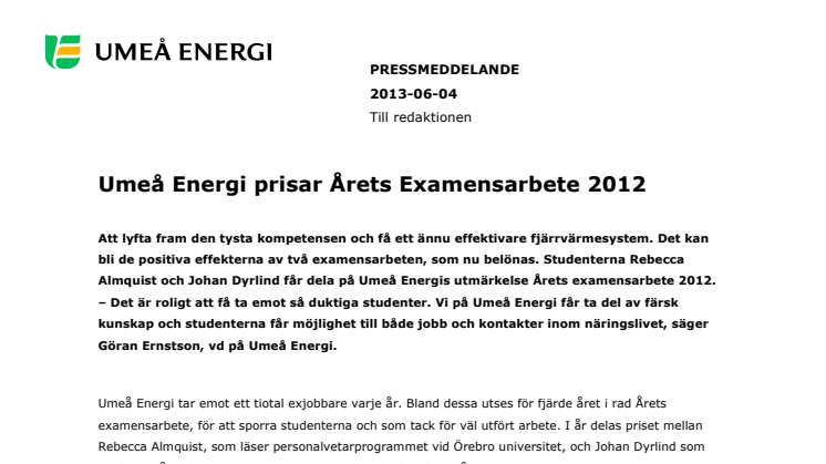  Umeå Energi prisar Årets Examensarbete 2012