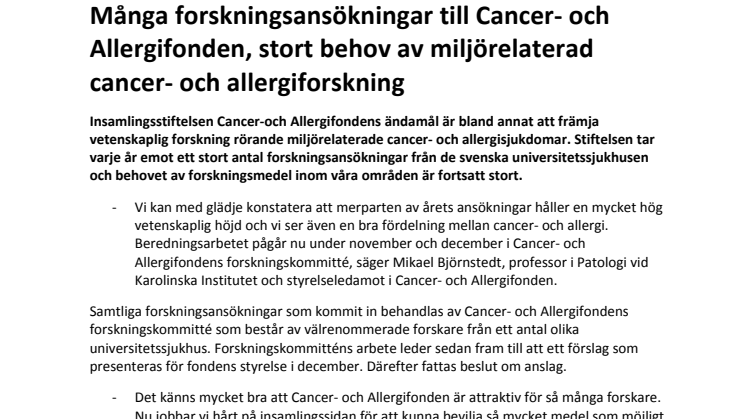 Många forskningsansökningar till Cancer- och Allergifonden, stort behov av miljörelaterad cancer- och allergiforskning 