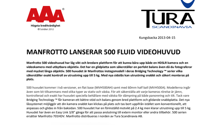 MANFROTTO LANSERAR 500 FLUID VIDEOHUVUD