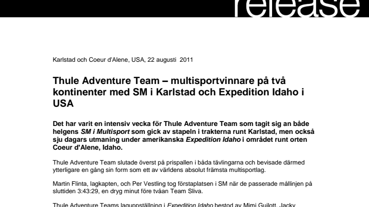 Thule Adventure Team – multisportvinnare på två kontinenter med SM i Karlstad och Expedition Idaho i USA