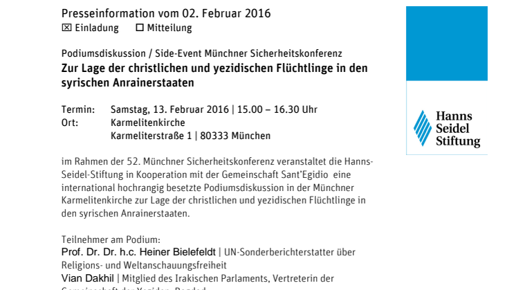 Einladung: Zur Lage der christlichen und yezidischen Flüchtlinge in den syrischen Anrainerstaaten 