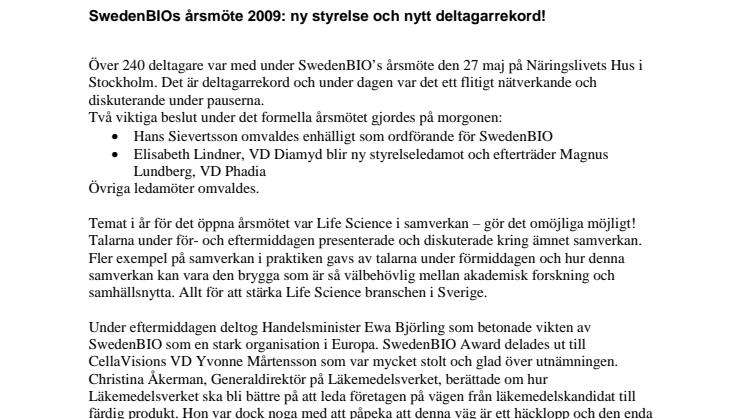 SwedenBIOs årsmöte 2009: ny styrelse och nytt deltagarrekord!