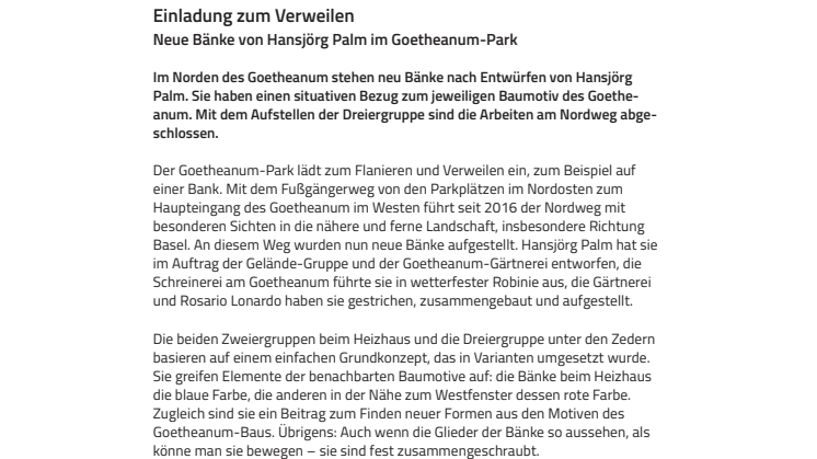 Einladung zum Verweilen. ​Neue Bänke von Hansjörg Palm im Goetheanum-Park