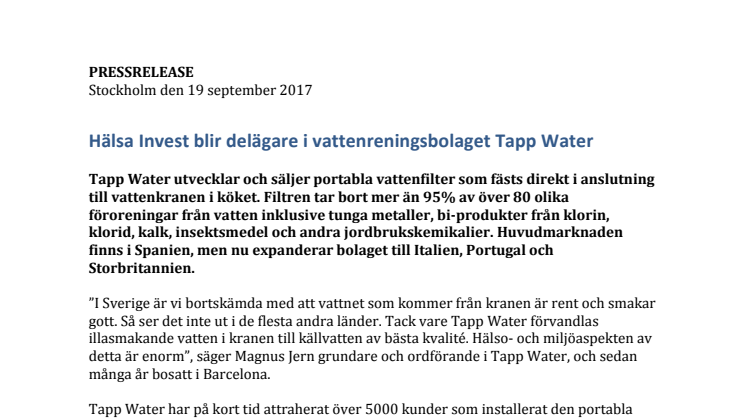 Hälsa Invest blir delägare i vattenreningsbolaget Tapp Water