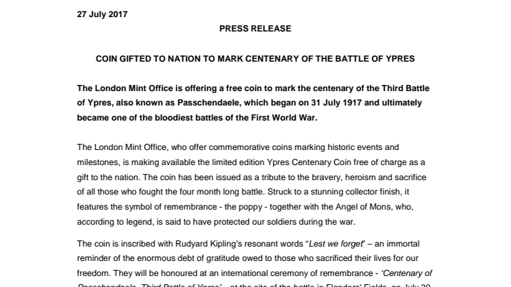 COIN GIFTED TO NATION TO MARK CENTENARY OF THE BATTLE OF YPRES
