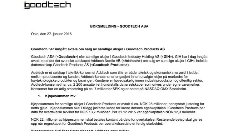 Børsmelding Salg av Goodtech Products