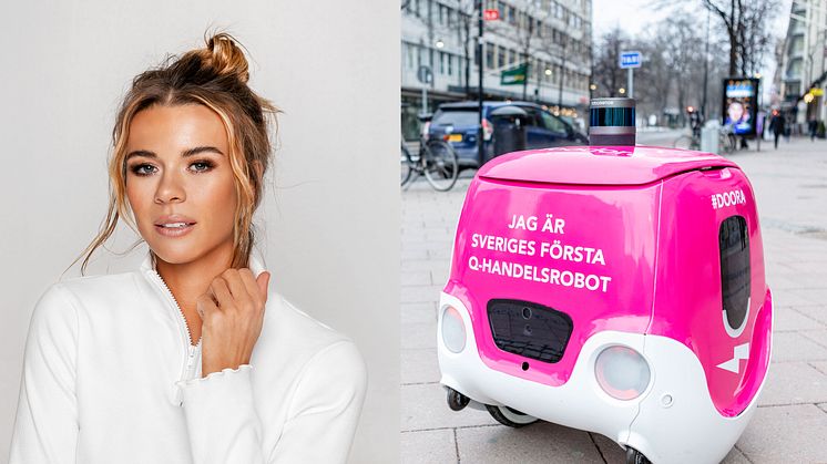 Roboten Doora levererar mat från Svenska Brasserier till Margaux Dietz