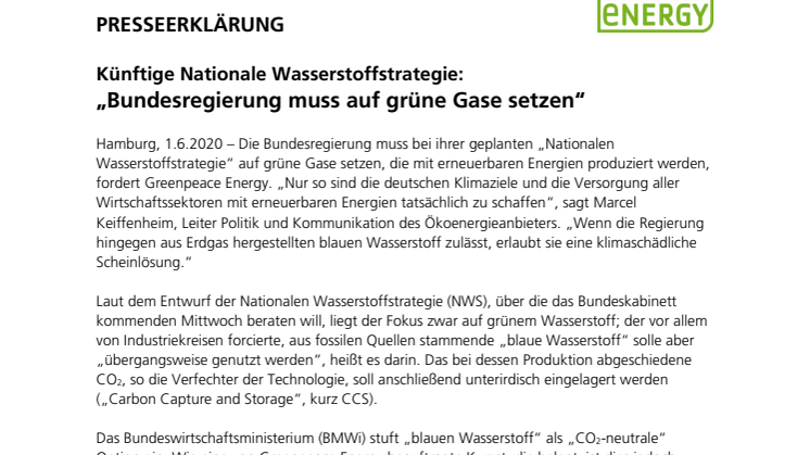 Künftige Nationale Wasserstoffstrategie / „Bundesregierung muss auf grüne Gase setzen“