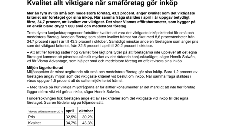 Kvalitet allt viktigare när småföretag gör inköp