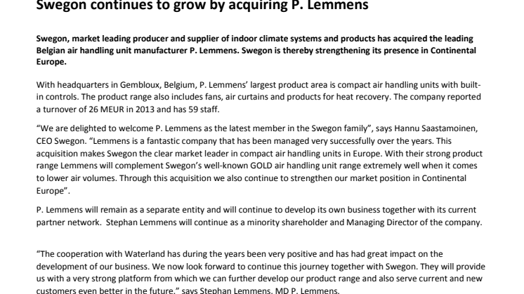 Swegon continues to grow by acquiring P. Lemmens