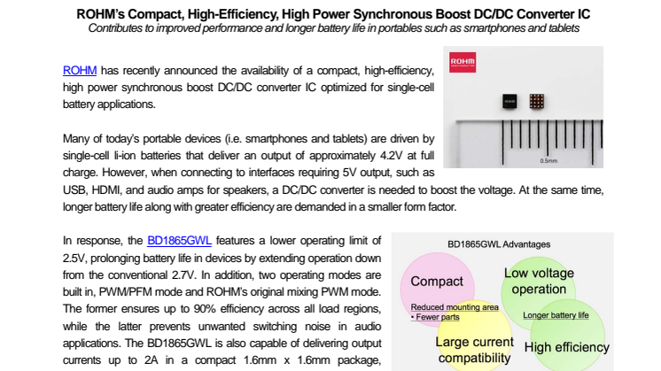ROHM’s Compact, High-Efficiency, High Power Synchronous Boost DC/DC Converter IC---Contributes to improved performance and longer battery life in portables such as smartphones and tablets