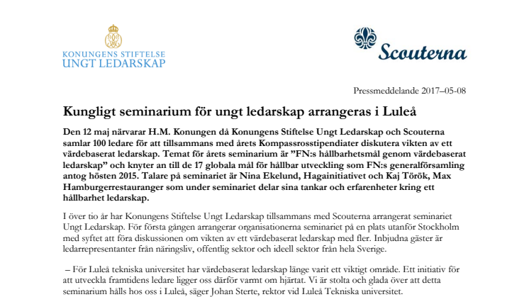 Kungligt seminarium för ungt ledarskap arrangeras i Luleå