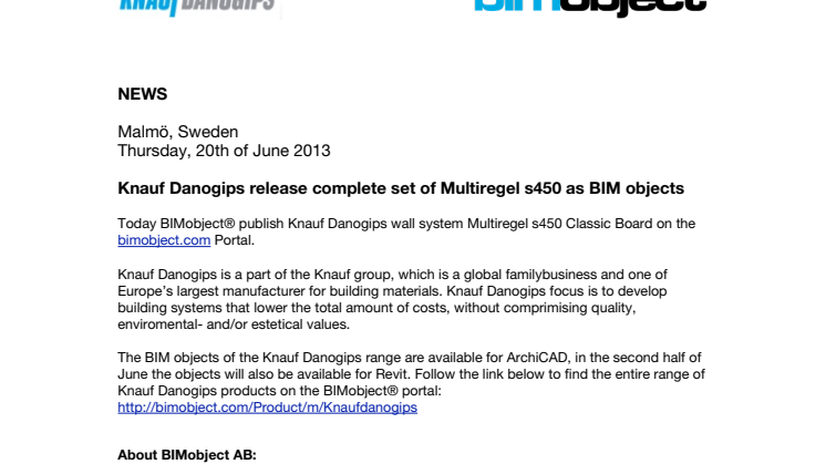 Knauf Danogips release complete set of Multiregel s450 as BIM objects