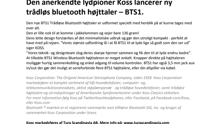 Den anerkendte lydpioner Koss lancerer ny trådløs bluetooth højttaler – BTS1