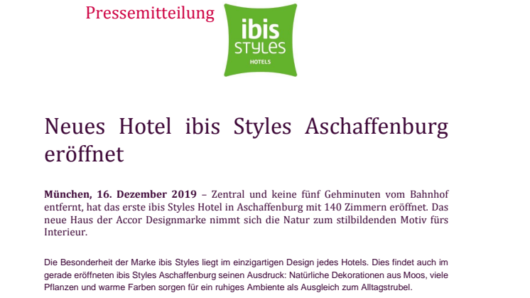 Neues Hotel ibis Styles Aschaffenburg eröffnet