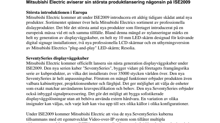 Mitsubishi Electric aviserar sin största produktlansering någonsin på ISE 2009