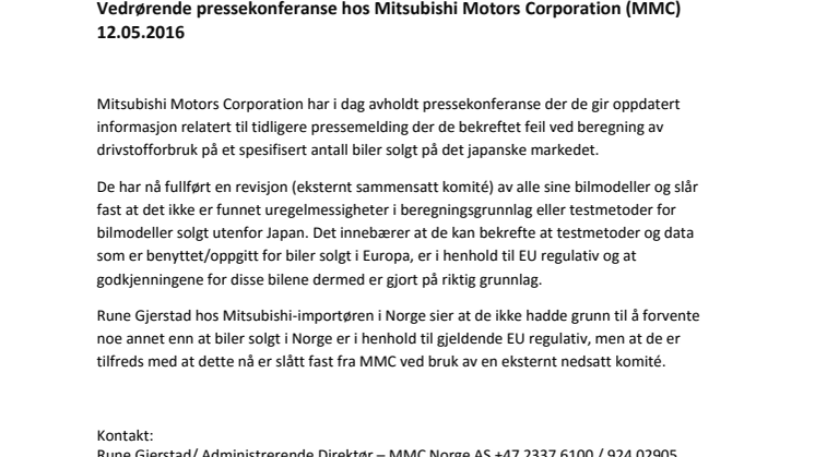 Vedrørende pressekonferanse hos Mitsubishi Motors Corporation (MMC) 12.05.2016