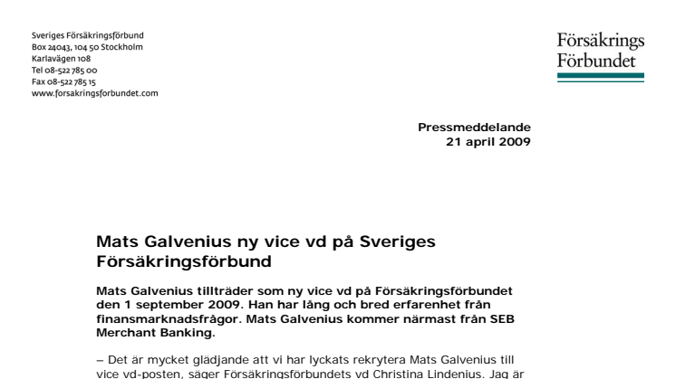 Mats Galvenius ny vice vd på Sveriges Försäkringsförbund