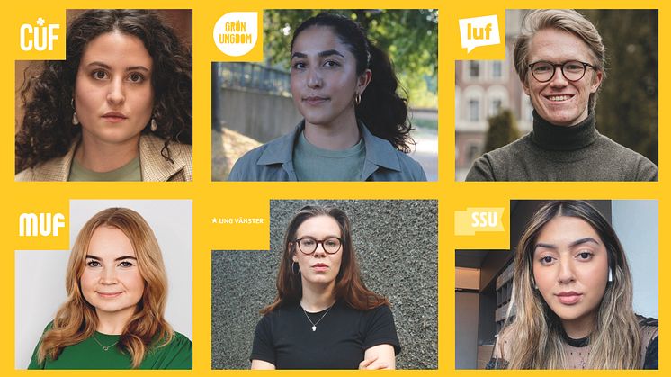 Réka Tolnai (CUF), Aida Badeli (Grön Ungdom), Alex Nilsson (LUF), Sofia Höglund (MUF), Ava Rudbeg (Ung Vänster) och Mariam Asghari (SSU).