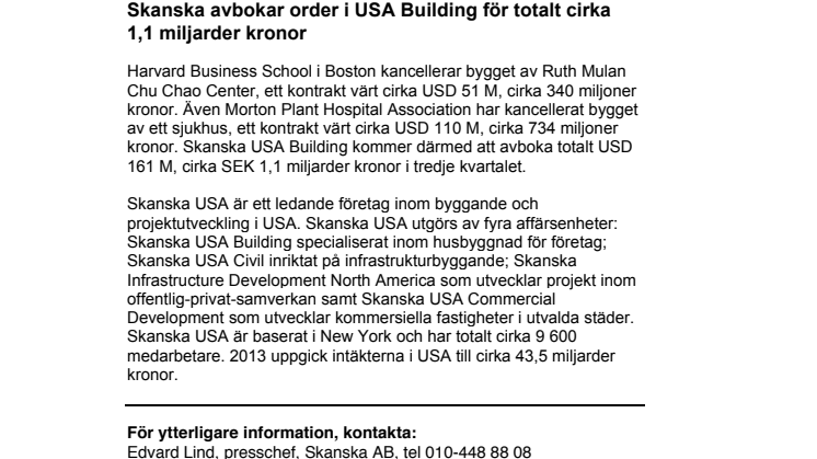 Skanska avbokar order i USA Building för totalt cirka 1,1 miljarder kronor