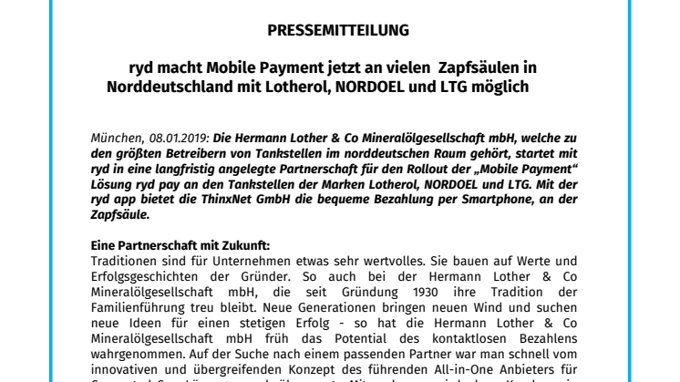 ryd macht Mobile Payment jetzt an vielen  Zapfsäulen in Norddeutschland mit Lotherol, NORDOEL und LTG möglich