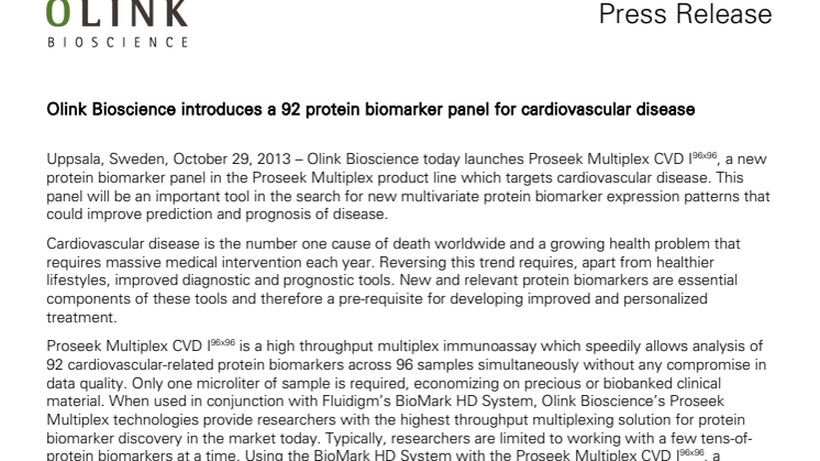 Olink Bioscience introduces a 92 protein biomarker panel for cardiovascular disease