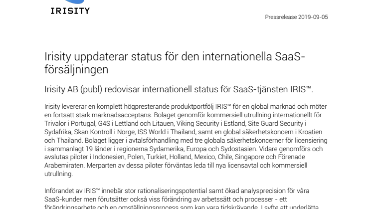 Irisity uppdaterar status för den internationella SaaS- försäljningen