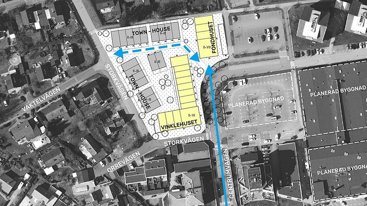 Förslag på ny situationsplan över Lödde centrum Väster som fått positivt planbesked av Kävlinge kommun. Illustration: JM