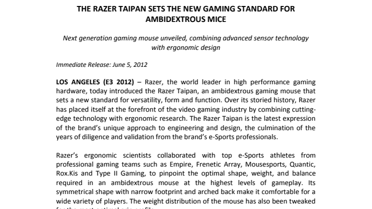 THE RAZER TAIPAN SETS THE NEW GAMING STANDARD FOR AMBIDEXTROUS MICE