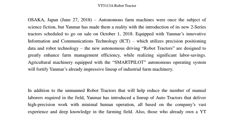 Yanmar Launches New Autonomous Tractors – Easing the Farmer’s Burden with Labor-saving ICT