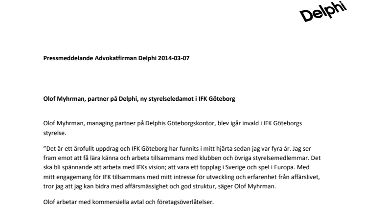 Olof Myhrman, partner på Delphi, ny styrelseledamot i IFK Göteborg