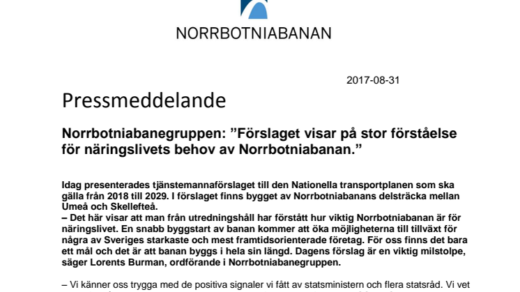 Norrbotniabanegruppen: ”Förslaget visar på stor förståelse för näringslivets behov av Norrbotniabanan.”