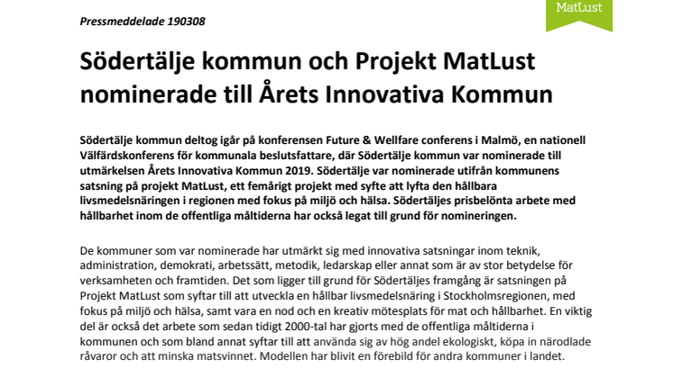 Södertälje kommun och Projekt MatLust nominerade till Årets Innovativa Kommun