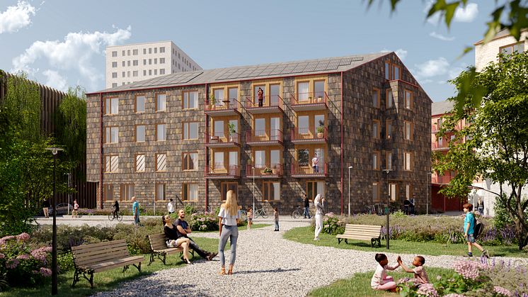 I projektet Badskon i Hyllie kommer MKB att bygga 40 hyresbostäder med unik klimatneutral isolering gjord av hampafiber. Illustration: Arkitekturkompaniet.