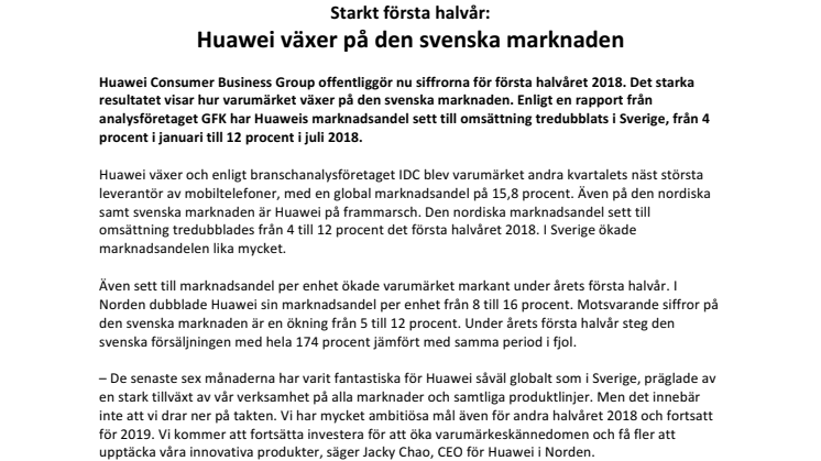 Starkt första halvår: Huawei växer på den svenska marknaden 
