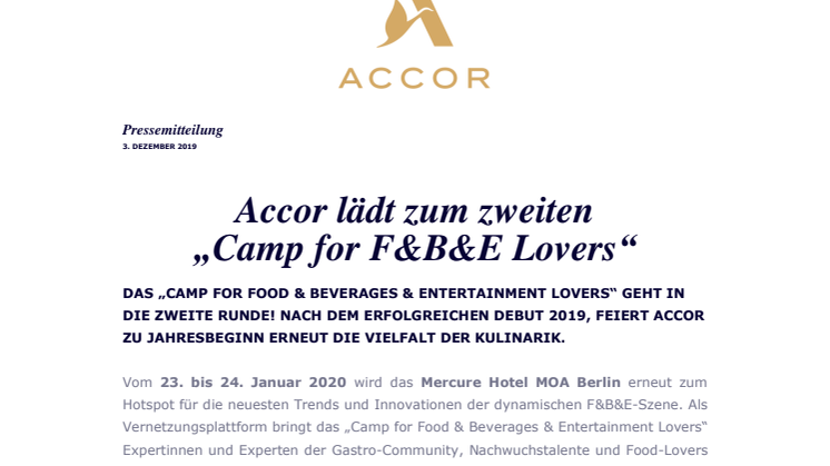 Accor lädt zum zweiten  „Camp for F&B&E Lovers“