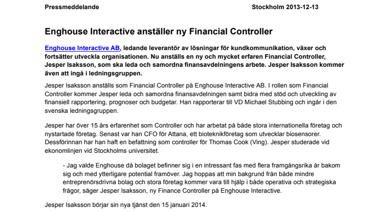 Enghouse Interactive anställer ny Financial Controller