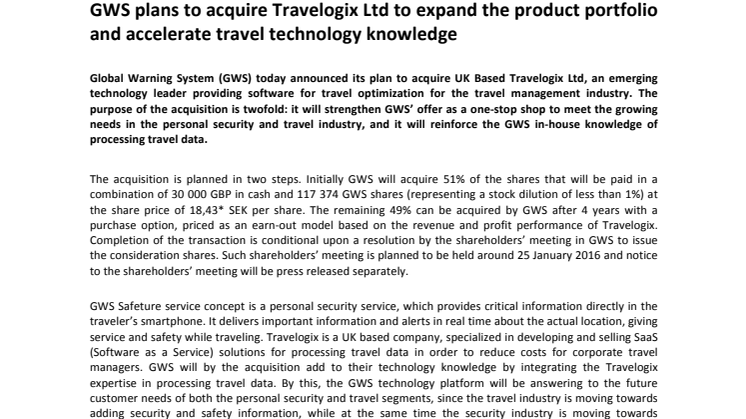 GWS plans to acquire Travelogix Ltd to expand the product portfolio and accelerate travel technology knowledge