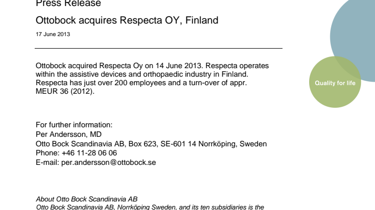 Ottobock acquires Respecta OY, Finland
