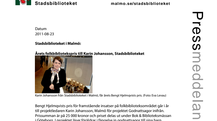 Årets folkbibliotekspris till Karin Johansson, Stadsbiblioteket!