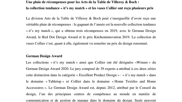 Une pluie de récompenses pour les Arts de la Table de Villeroy & Boch : la collection tendance « it’s my match » et les vases Collier ont reçu plusieurs prix