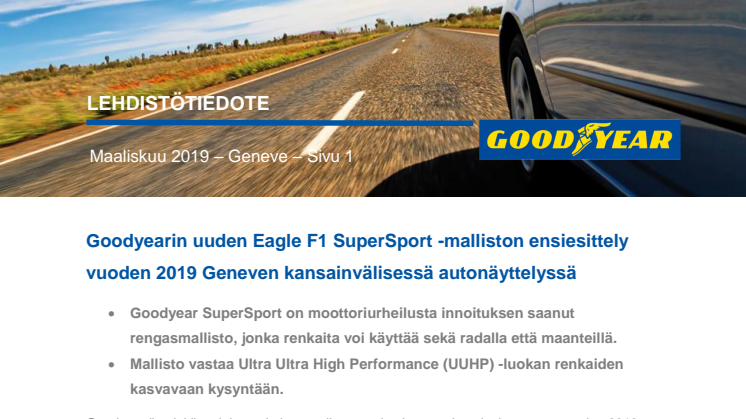 Goodyearin uuden Eagle F1 SuperSport -malliston ensiesittely vuoden 2019 Geneven kansainvälisessä autonäyttelyssä