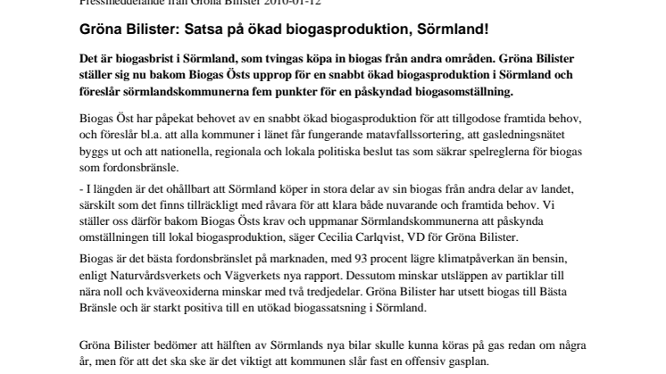 Gröna Bilister: Satsa på ökad biogasproduktion, Sörmland!
