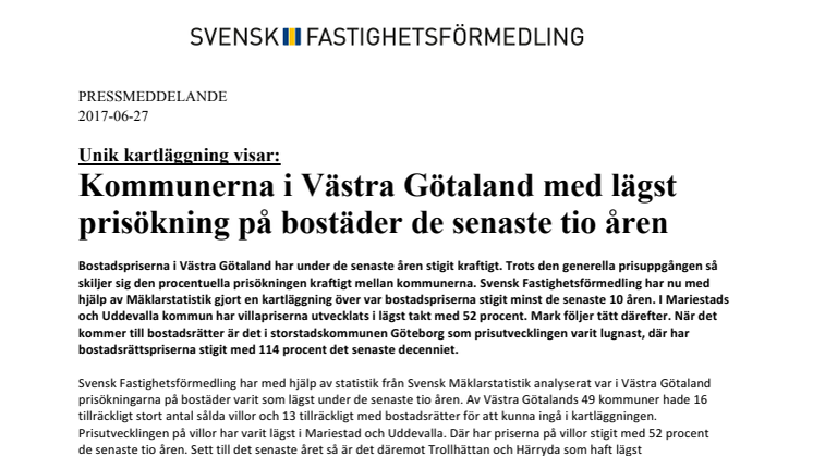 Unik kartläggning visar: Kommunerna i Västra Götaland med lägst prisökning på bostäder de senaste tio åren 