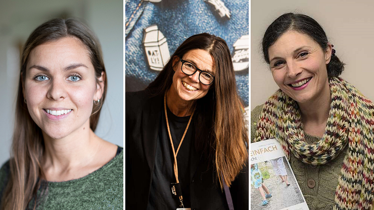 Från vänster i bild: Lina Ejlertsson, doktor i folkhälsovetenskap, Cia Eriksson, Creative Director Workplace Design på Oatly och Jeanette Guttenberg, strateg och inredare med fokus på välmående och hållbarhet.