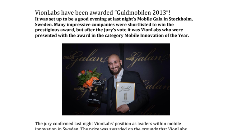 VionLabs have been awarded “Guldmobilen 2013”!