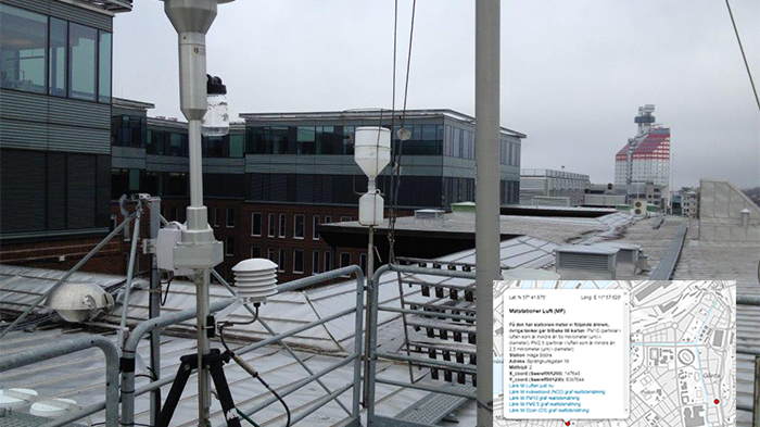 Mätstationen för luft på Nordstans tak och ett urklipp från luftkartan. Foto: Miljöförvaltningen, Göteborgs Stad